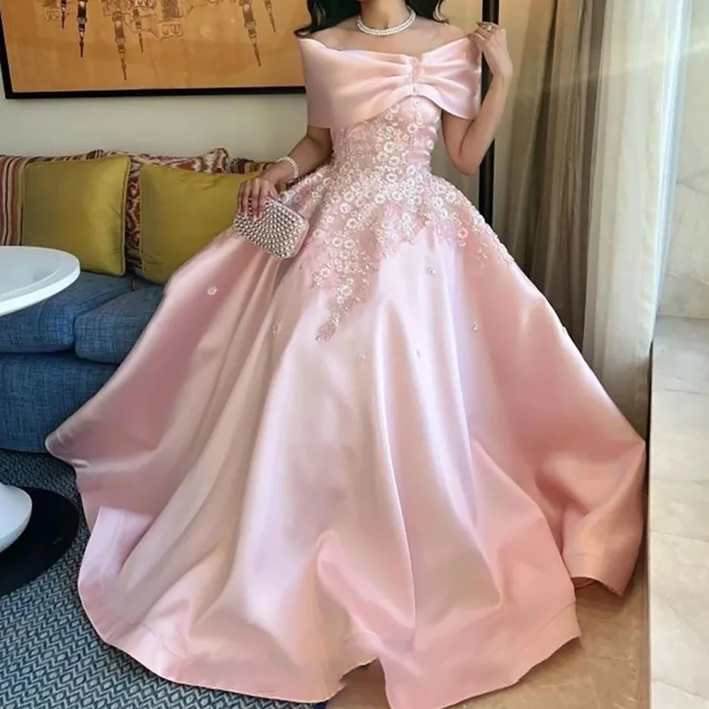 사용자 정의 만든 a 라인 가운 멋진 핑크 새틴 오프 숄더 페르시 꽃 & 반짝 이는 스팽글 이브닝 드레스 Vestido Elegante de Noche
