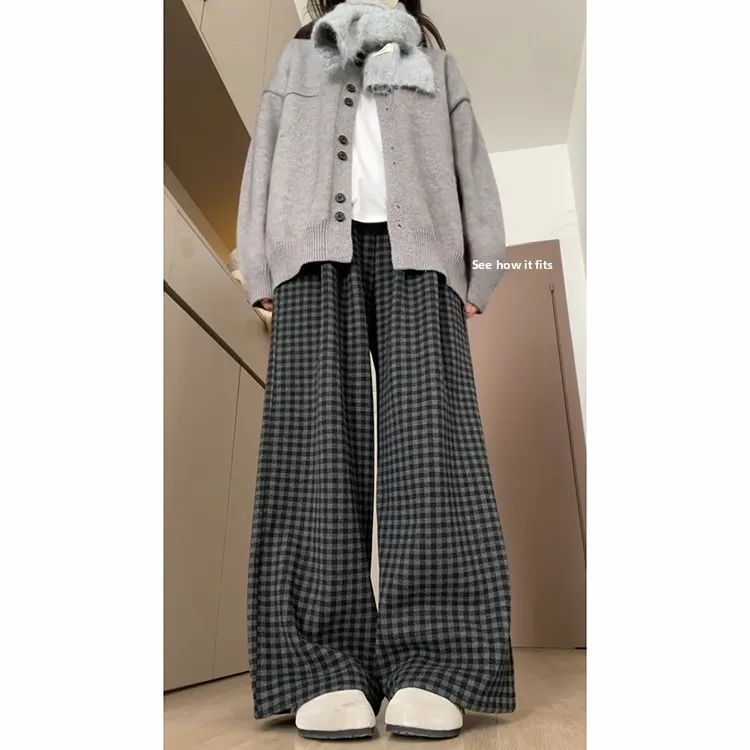 Retro Plaid Casual Pants Women's High Waist Straight Leg Loose Fit Lazy Sle Autumn Winter New Arrival Slimming Effect