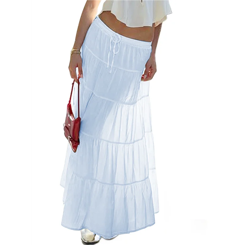 

CGS-Women's Summer Casual Elegant Smock Layered Tiered Maxi Skirt High Waisted A Line Flowy Long Skirts