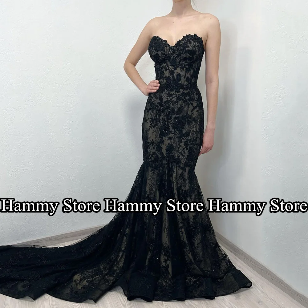 

Black Mermaid Wedding Dress Lace Bridal Gown Elegant Sweetheart Detachable Long Sleeves Court Train Bride Dresses for Woman