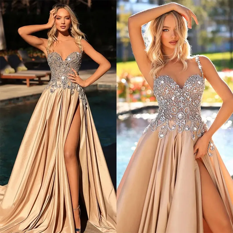 Vestido de baile de cristal champanhe, Vestidos de noite com correias, Cetim Dividido Coxa, Tapete Vermelho Formal, Longo vestido de festa para ocasiões especiais