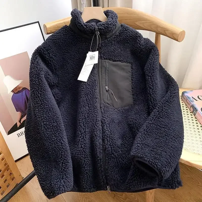 Autumn Winter Fleece Stand Neck Jacket Couple Zipper Loose Windproof Warm Lamb Wool Coat Solid Polar Fleece Comfort Spliced Tops