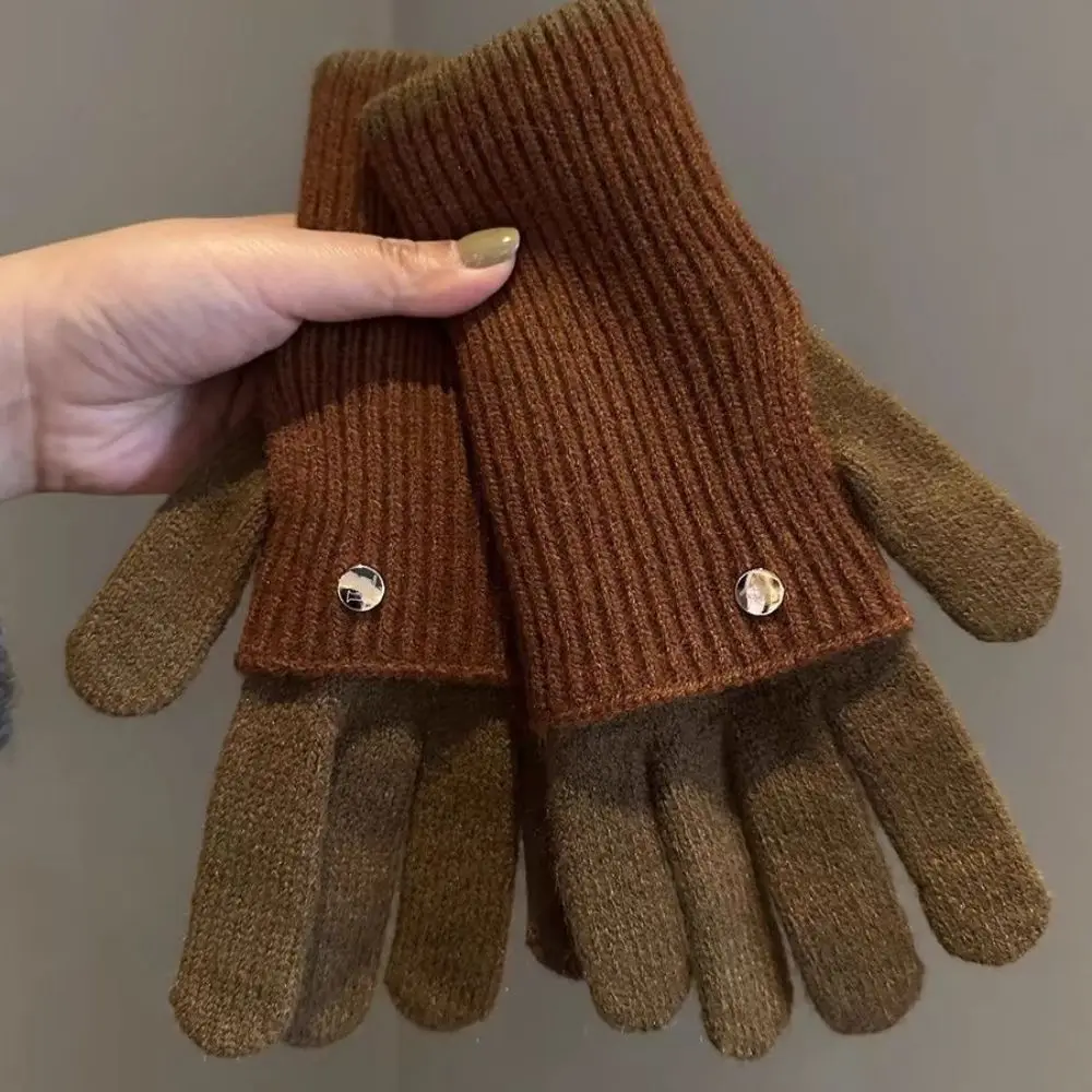 Warm Color Blocked Knitted Gloves Dual-purpose Cold-proof Winter Women Gloves Comfortable Candy Colored Full Finger Mittens