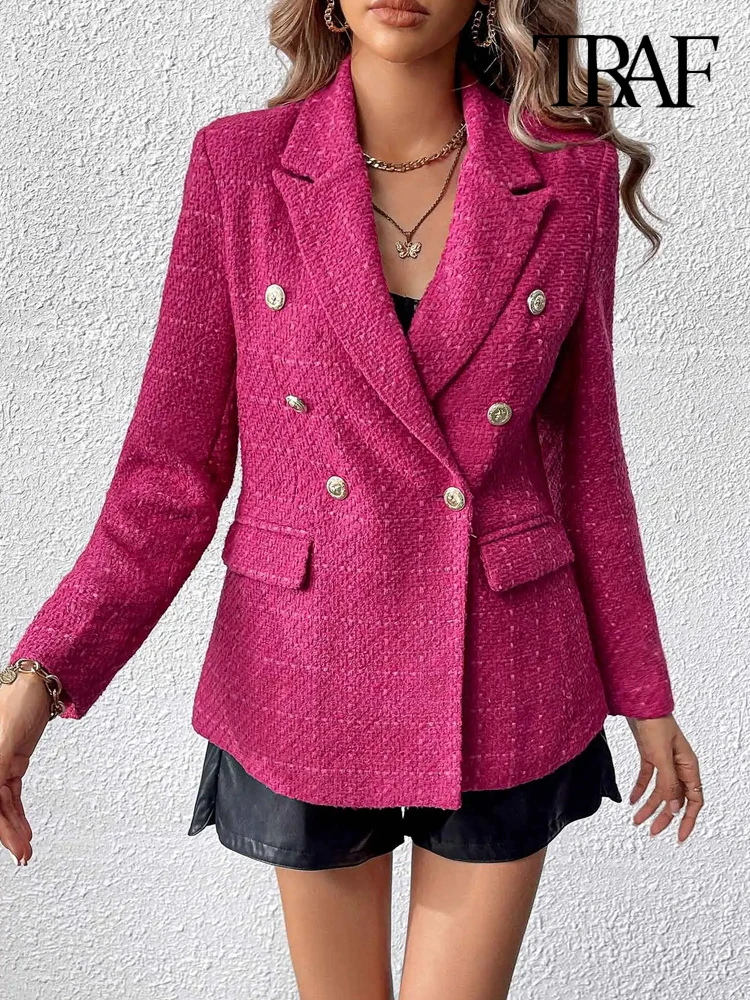 TRAF Women Fashion Double Breasted Tweed Blazer Coat Vintage Long Sleeve Flap Pockets Female Outerwear Chic Tops