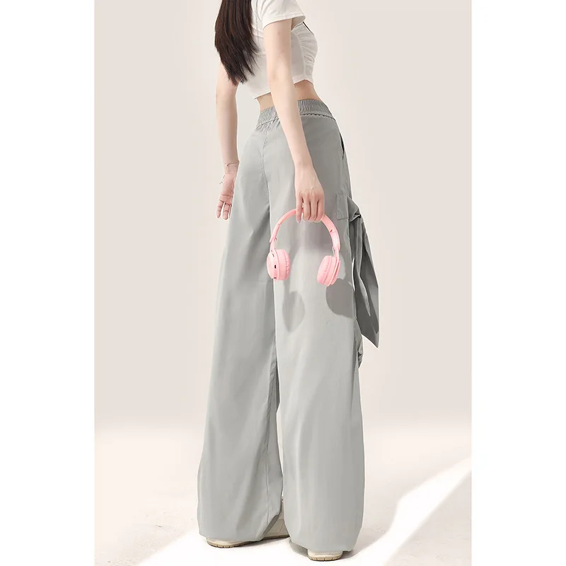 Grey Bow Quick Drying Work Pants For Women Summer 2024 New Elastic High Waisted Casual Loose Wide Leg Long Pants