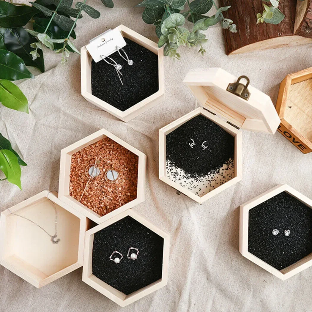 Wooden Storage Box Hexagonal Shaped Wood Jewelry Organizer