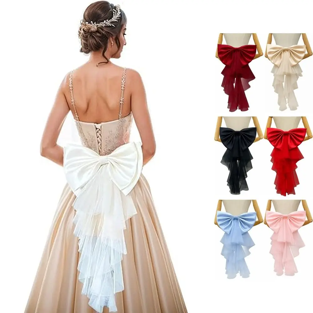

Elegant Bridal Belt Single Layer Mesh Big Satin Bow Detachable Solid Color Evening Gown Waist Accessories