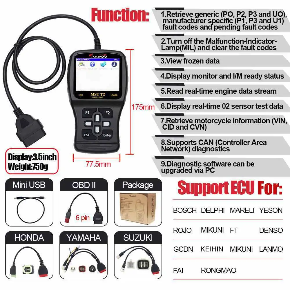 MST T2 Motorcycle Code Reader OBD2 New 2026 Stable Performance Scanning Tool for HONDA/SUZUKI/YAMAHA/KAWASAKI/HARLEY/INDIAN