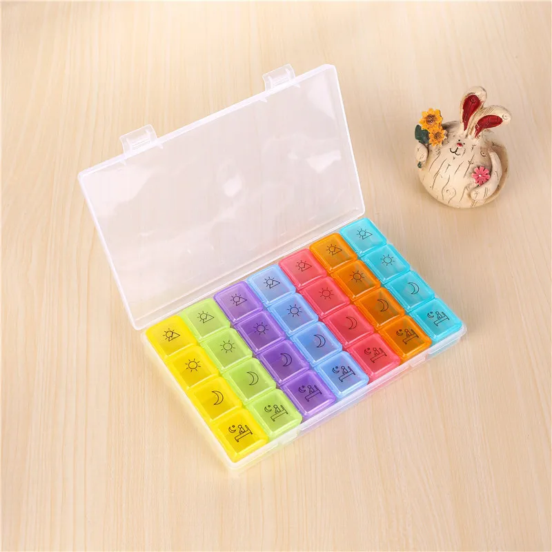 1PCS 4 Row 28 Squares Pillbox Storage Box for Pills Portable Weekly  7 Days Medication Case Pill Container Organizer Plastic Box