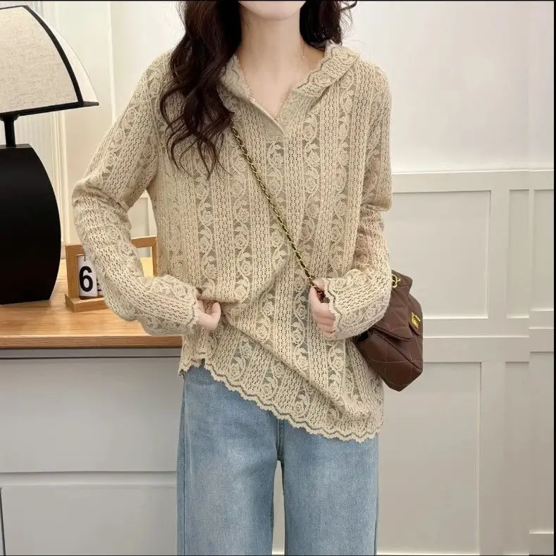 

Hollowed Out Long Sleeves Hooded Sweater for Women Spring Autumn Casual Loose Temperament Knitted Tops Fashion Women Clothing