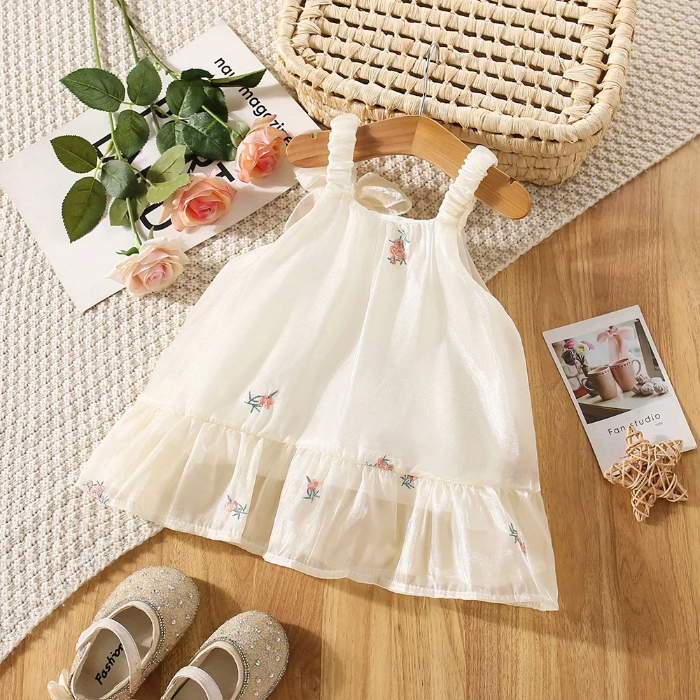 (0-3 Years Old) Summer Baby Girl Mesh Flower Embroidery Suspender Princess Dress For Girls Korean Version Bow Beach Dress