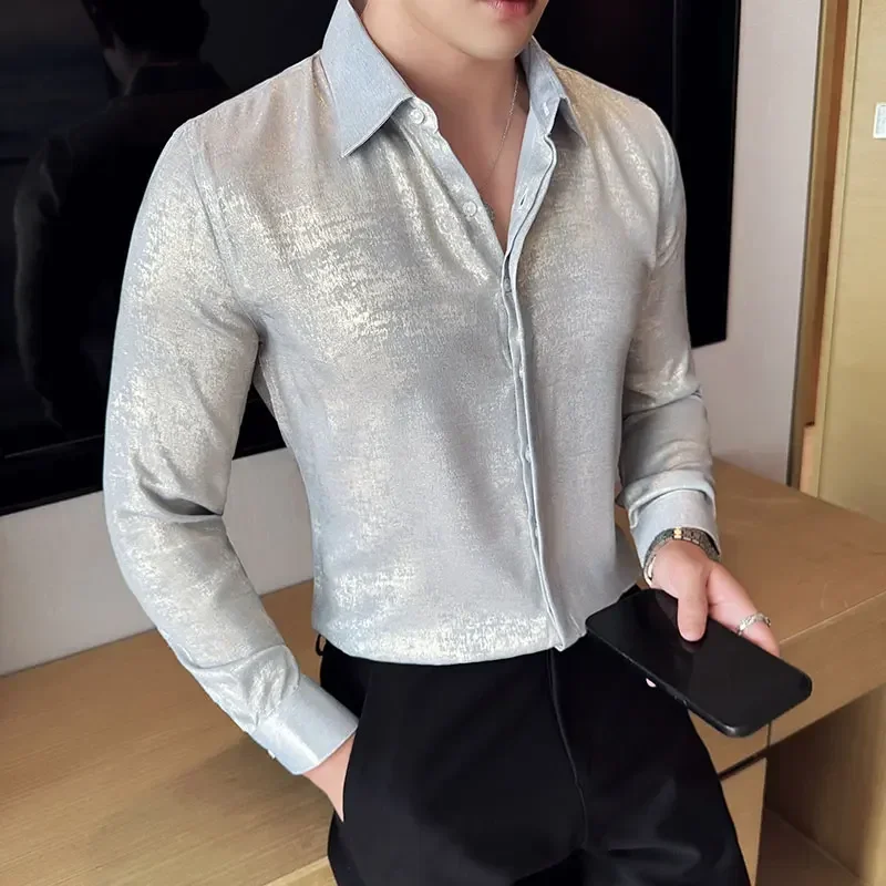 Luxury Metallic Glossy Shirts Men Casual Business Social Shirt Long Sleeve No Ironing Stage Performance Nightclub Shirt