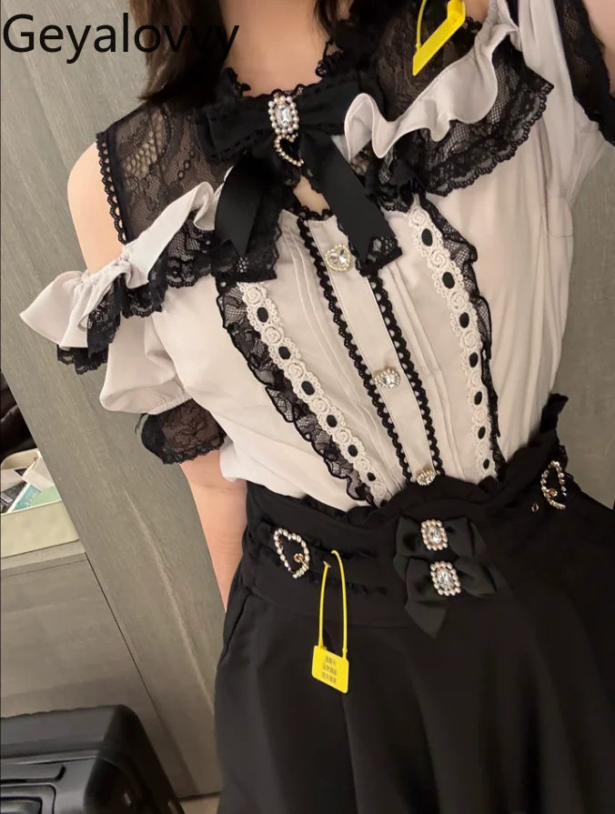 

Japanese Mine Sweet Cute Girl Versatile Top Bow Lace Splicing Off-shoulder Ruffle Edge Blouse Lolita Short-sleeved Shirt