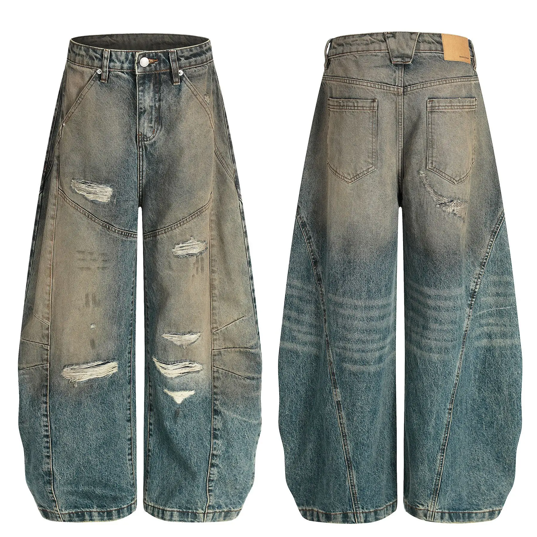 

Dirty Denim Hole Baggy Jeans Men's Streetwear Hip Hop Loose Casual Wide Leg Ripped Scimitar Jeans Women Y2k Trousers