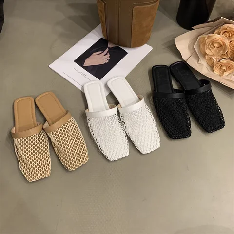 Женские тапочки с круглой головкой, домашние нескользящие сандалии на плоской подошве с бриллиантами, шлепанцы с круглой головкой, нишевые полые балетки с рыбьей сеткой для