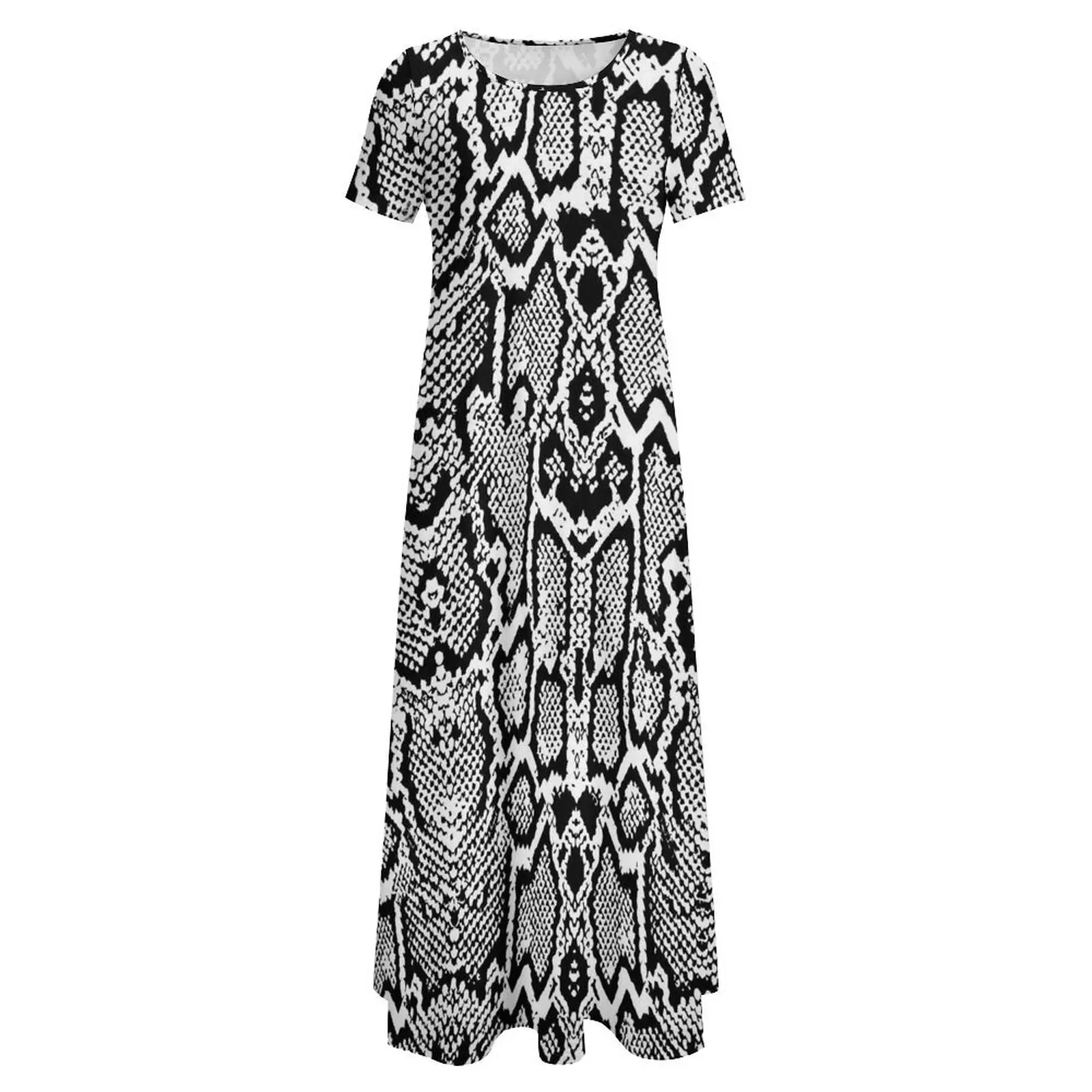 Szara sukienka ze skóry węża z nadrukiem zwierzęcym Nowoczesna sukienka maxi dla kobiet z krótkim rękawem Street Wear Boho Beach Długie sukienki Duży rozmiar