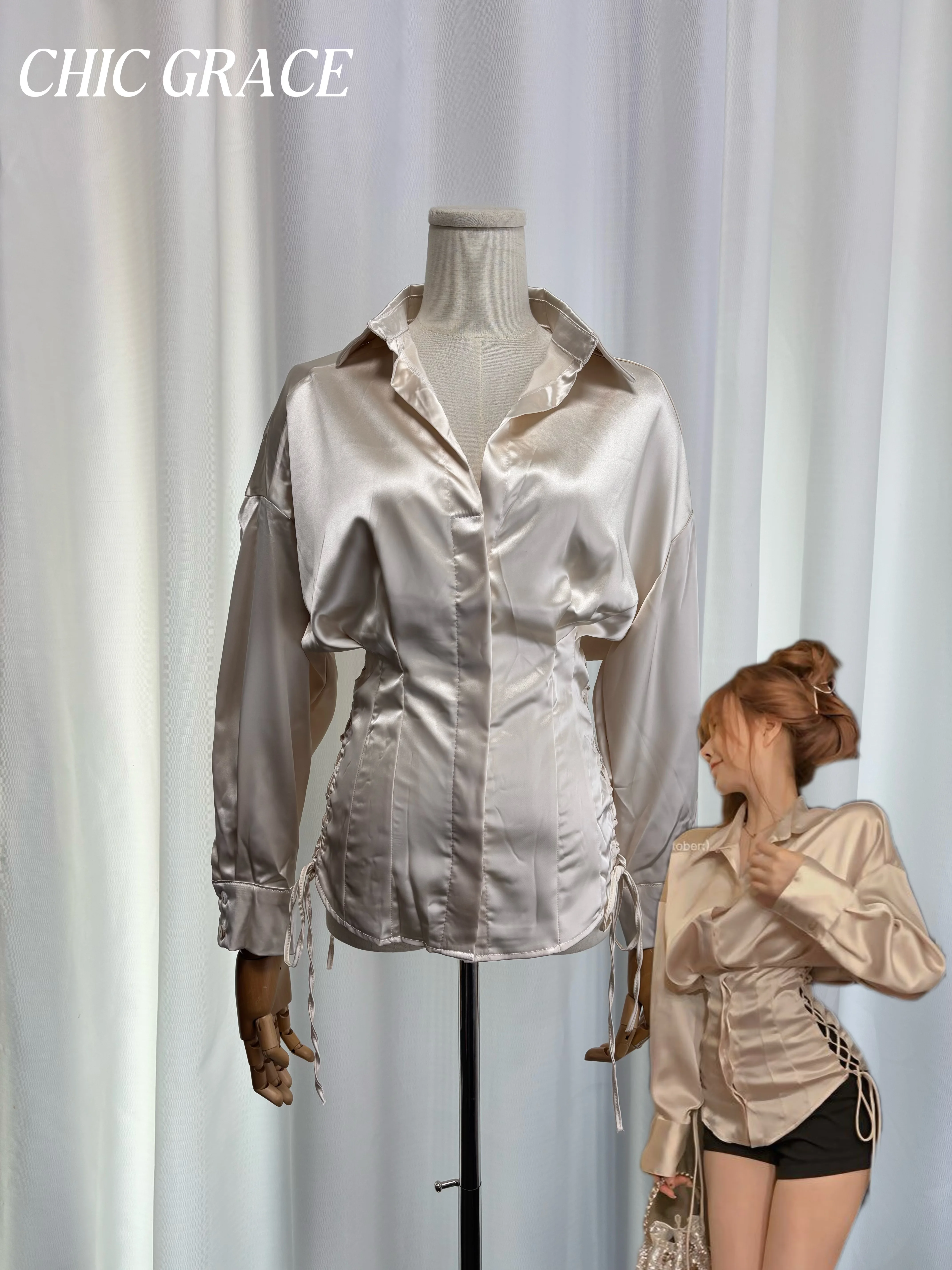 

Real shot Edgy Girl Satin Blouse Women Autumn New Long Sleeve Lace Up Cinched Waist Cropped Shirt Niche Design Sense Slim Fit Sh