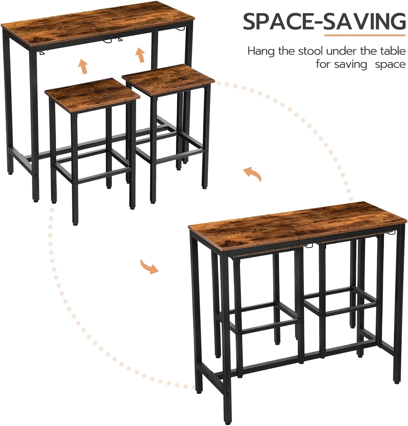 Industrial Bar Table Set with Stools, Space-Saving Counter Height Dining for Kitchen, Living Room, Parties