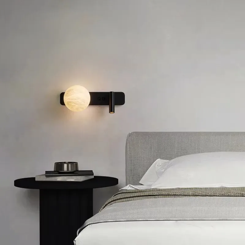 Modern Premium Bedroom Wall Light Luxury Rotating Light Emitting Diode Reading Light Alabaster Copper Bedside