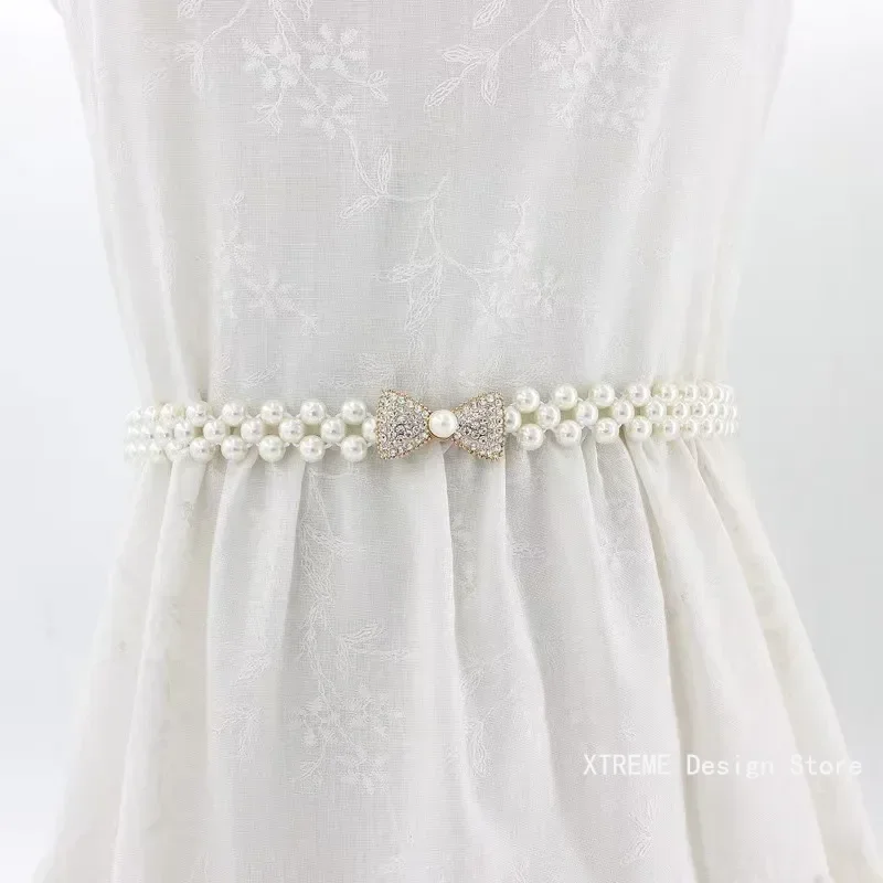 Luxury Elegant Women Pearl Waist Belt Elastic Buckle Pearl Chain Belt Female Girls Dress Crystal Strap Pearl Elastic Belt