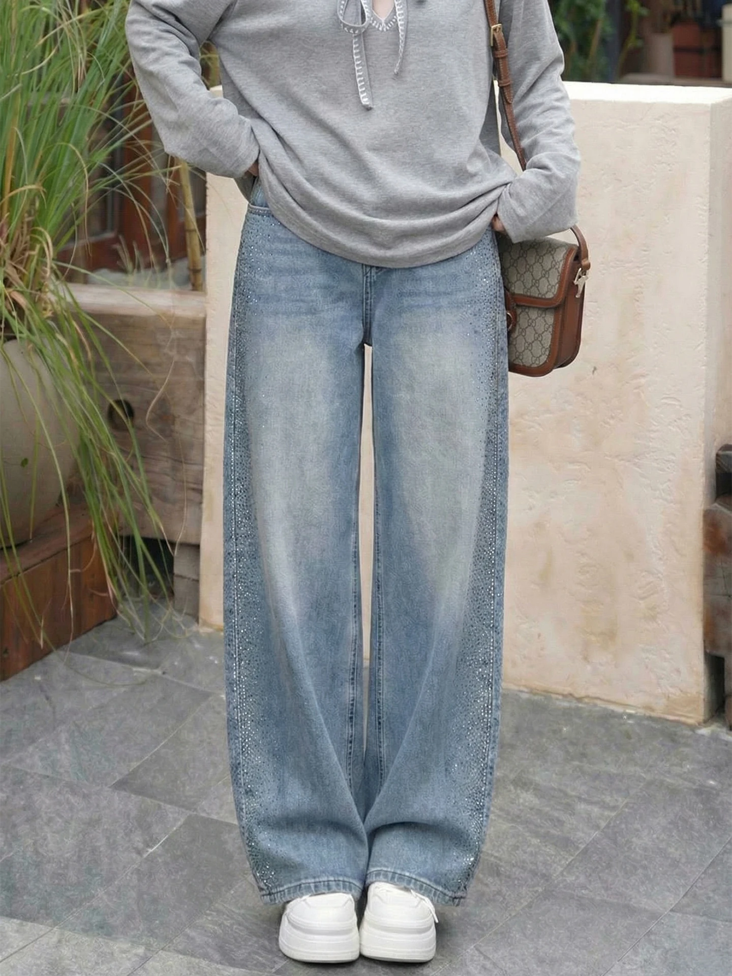 

Джинсы Laeila прямого кроя с эффектом похудения, украшенные стразами, на одной пуговице, универсальные, из денима, женские, модные, весна 2026