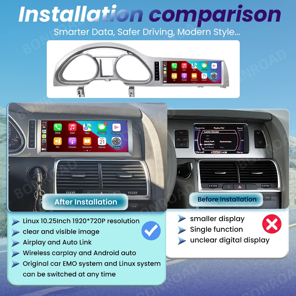 BONROAD Reproductor de radio para coche de 10,25 pulgadas, 1920*720P, pantalla táctil multimedia, CarPlay inalámbrico, Android Auto para Audi Q7 4L 2006-2015 con AirPlay Auto Link, Bluetooth 5,0, navegación GPS 3