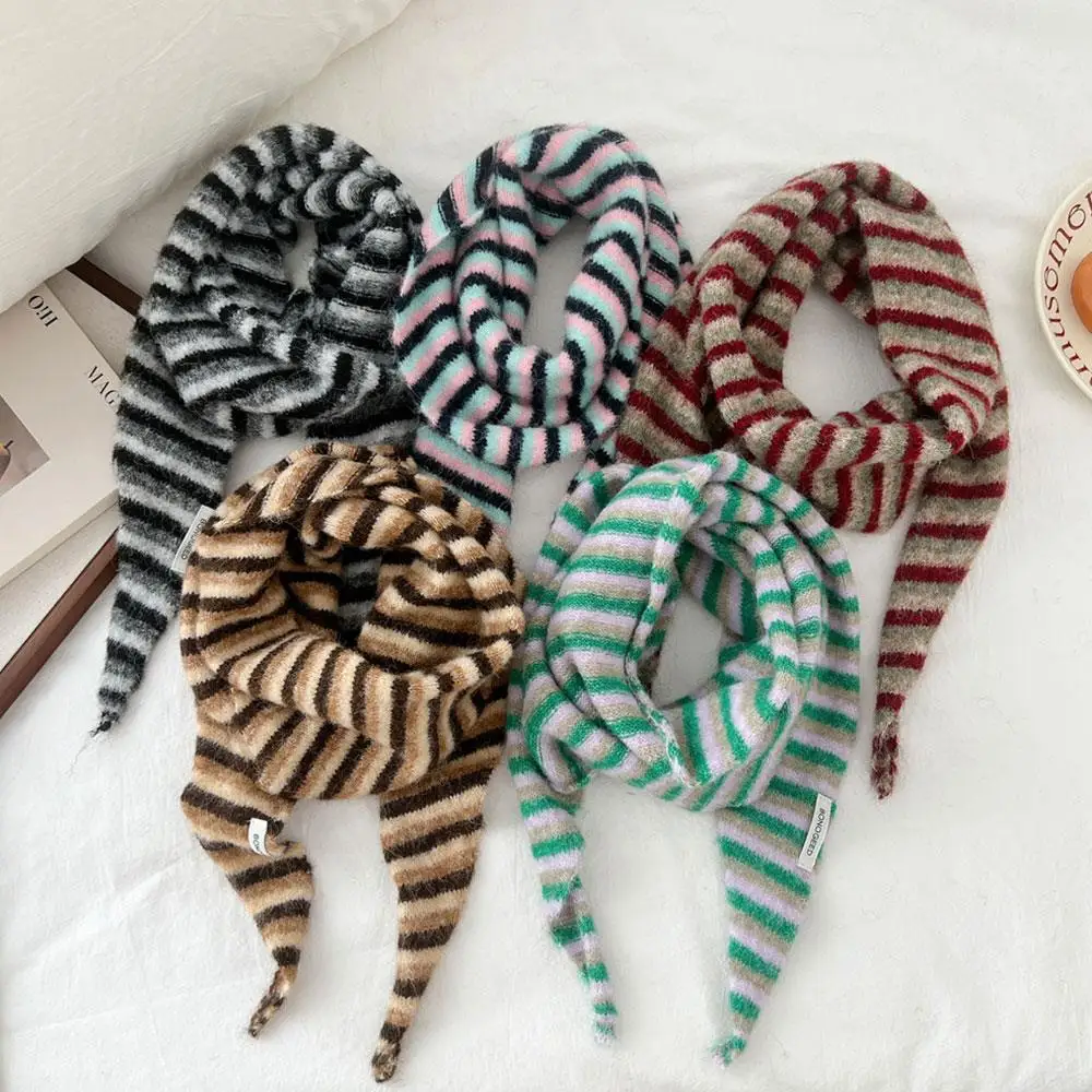 

Winter Women's Knitted Triangle Scarf Korean Striped Warm Wool Neck Protection shawl Scarf Multi-functional Windproof Scarf