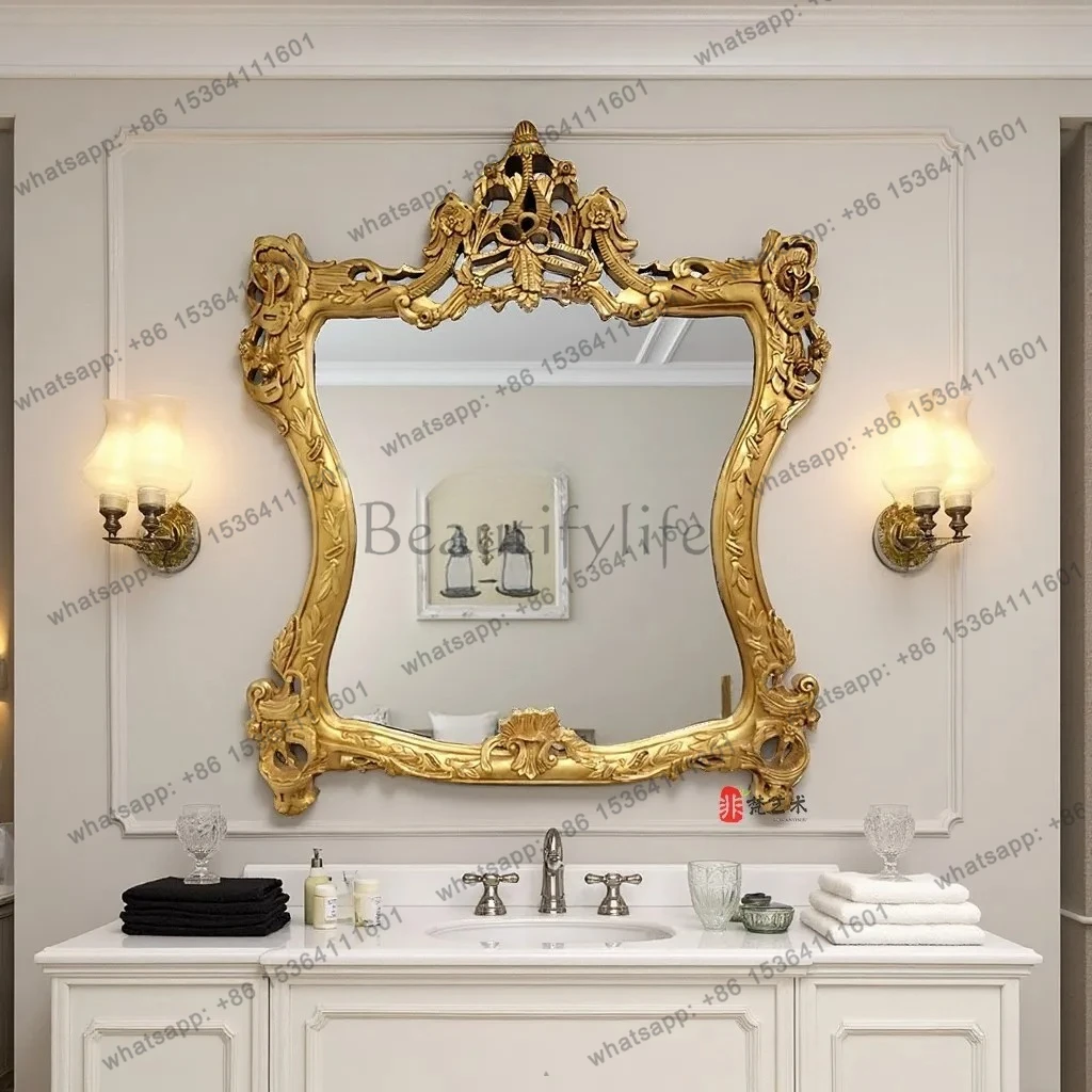 

French Retro Fireplace Decorative Mirror European Light Luxury Bathroom Makeup Mirror Wall-Mounted Desktop Vanity Mirror