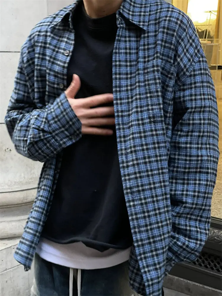 

OL style, blue plaid shirt casual loose lazy polished shirt