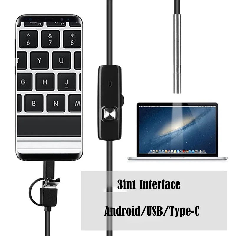Mini caméra endoscopique 3 en 1, Android, USB type-c, objectif 3.9mm, câble rigide souple, étanche
