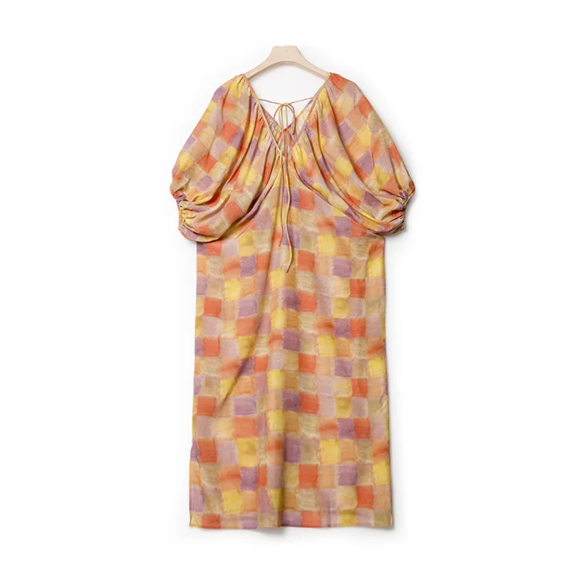 2024 Spring/Summer New 100% MULBERRY Silk Sunshine Orange Colorful Square Resort Seaside Checkered V-neck Dress Long Dress