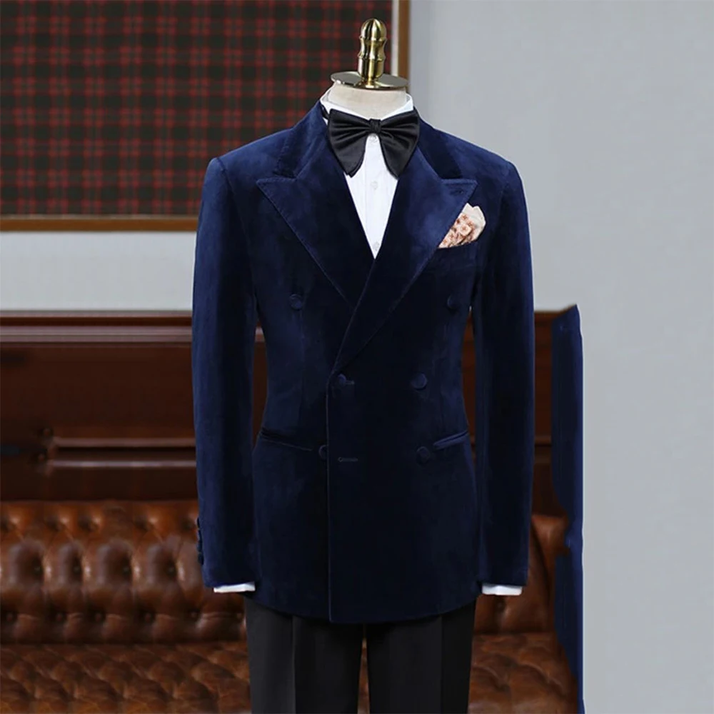 

Deep Blue Men Suits 2 Pieces Jacket Pants Sets High Quality Formal Occasion Double Breasted Peak Lapel Male Banquet Clothing
