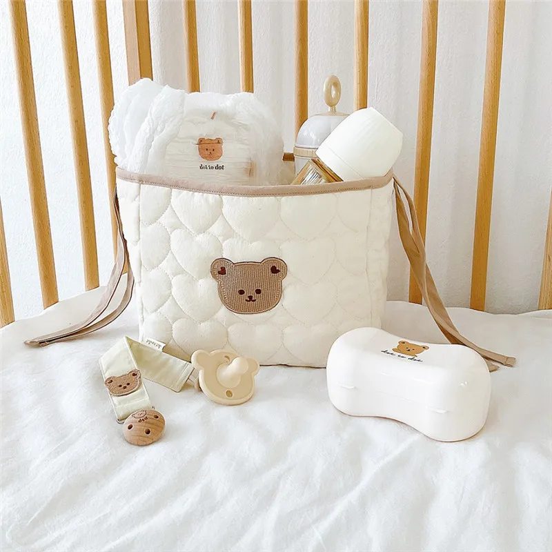 Sac à couches en coton brodé avec fermeture éclair pour nouveau-né, sacs de rangement pour poussette de voyage, pochette à couches pour maman, ours mignon