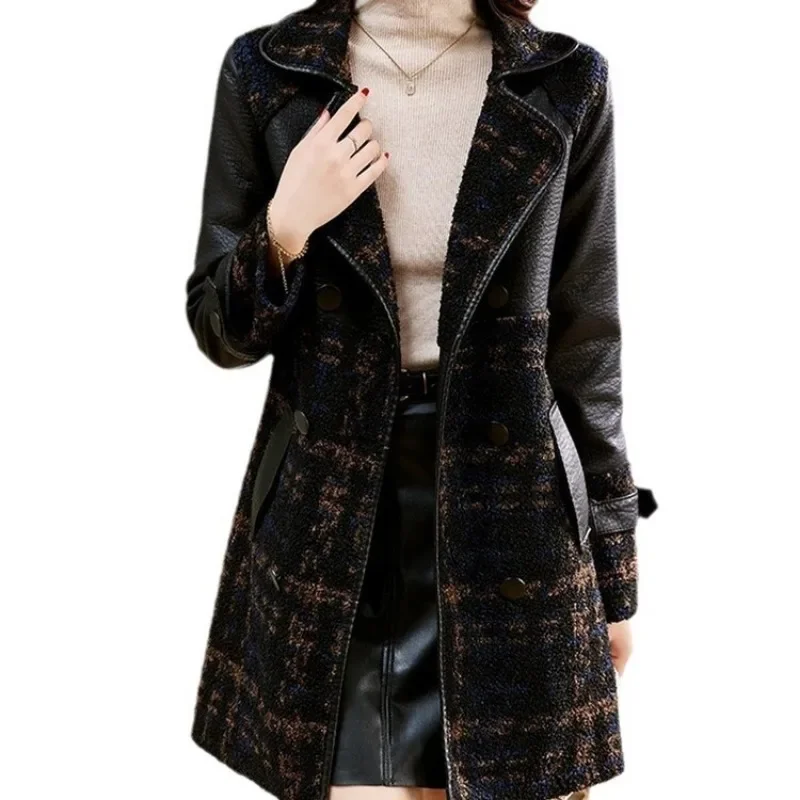 Mid-long leather jacket for women, thick velvet jacket, V-neck, loose leather on both sides, Korean version, autumn and winter