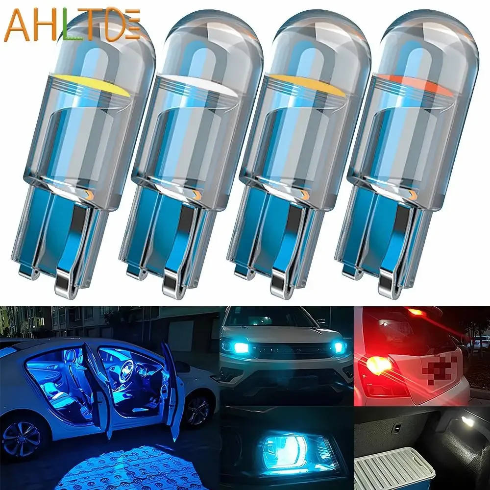 4Pc Car T10 W5W 194 Glass Housing Cob LED Bulb 3000K 6000K Wedge License Plate Map Dome Festoon Light Lamp White Blue Red Yellow