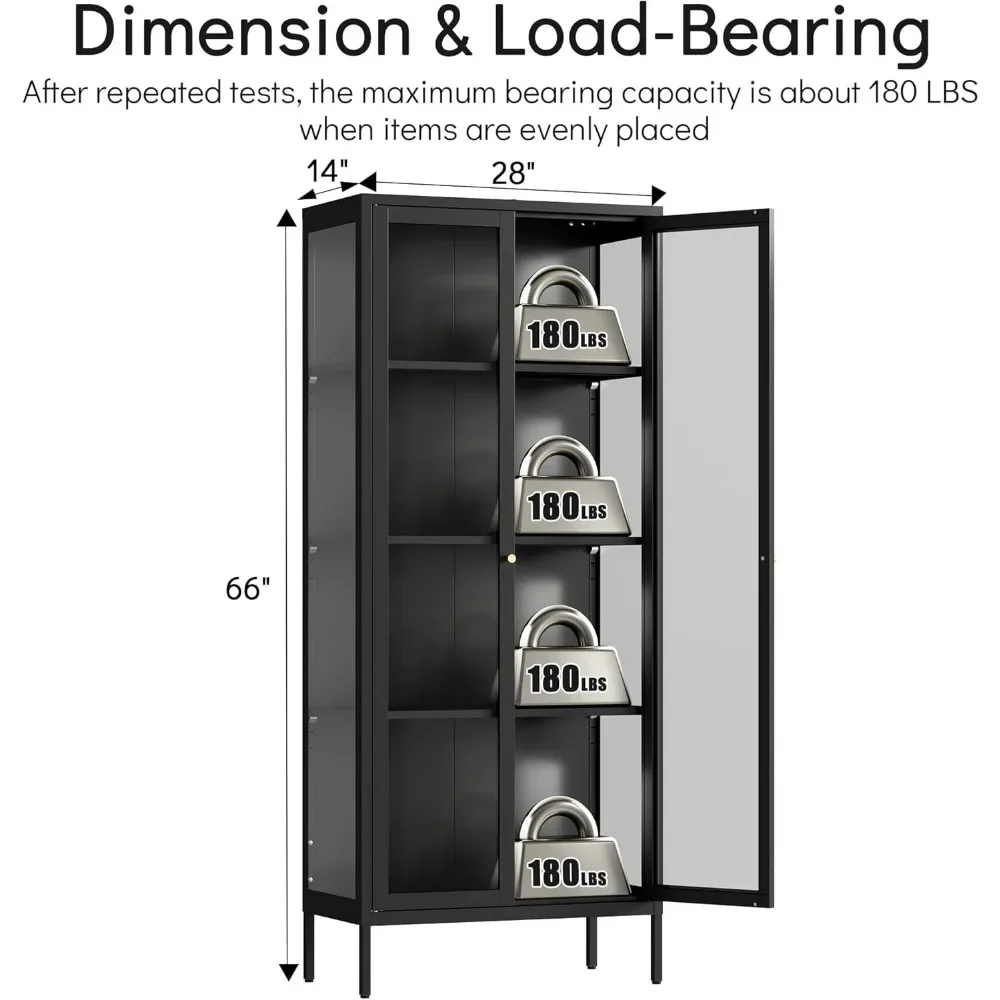 "68" Black Glass Display Cabinet - Curio Case w/ 3-Color LED Lights & Glass Doors, Tall Collectibles Showcase"​