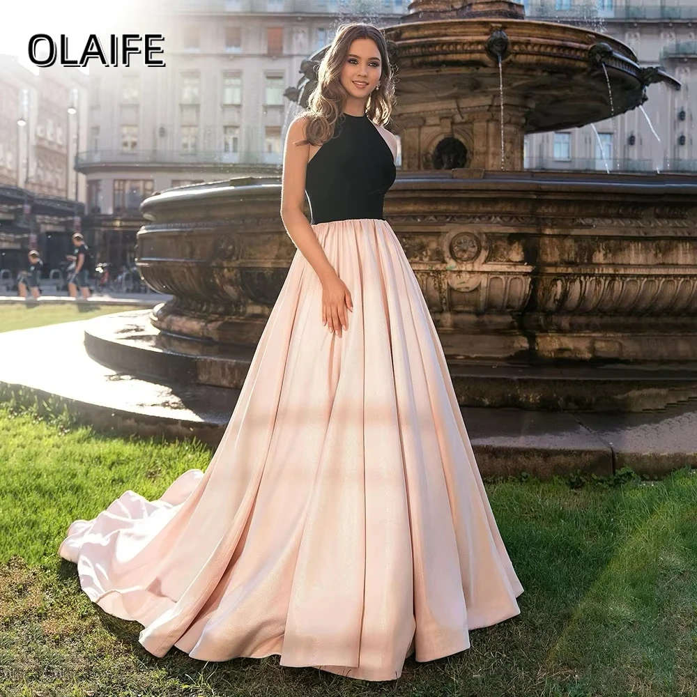 

Olaife Elegant A-Line Evening Dress Halter Neck Sleeveless Satin Sweep Train Long Prom Dress Formal Party Wear