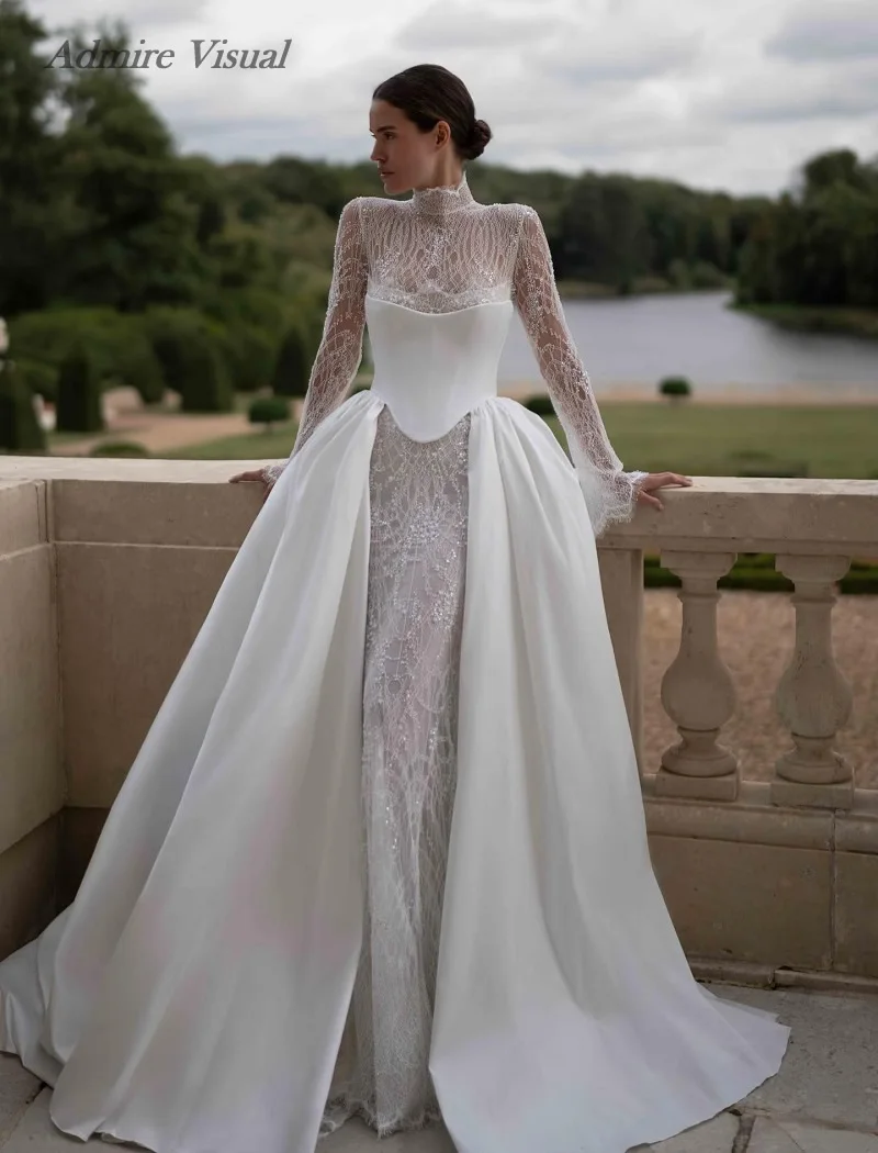 Admire robe de mariée visuelle sirène dentelle 3 en 1 col haut avec train détachable robes de mariée personnalisées