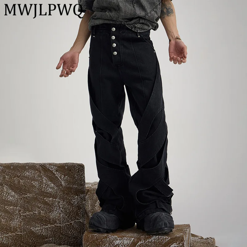 

Джинсы MWJLPWQ Niche Deconstructed Design, черные, мужские, в стиле High Street, с эффектом сильной потертости, повседневные, прямые, расклешенные, модель 13757