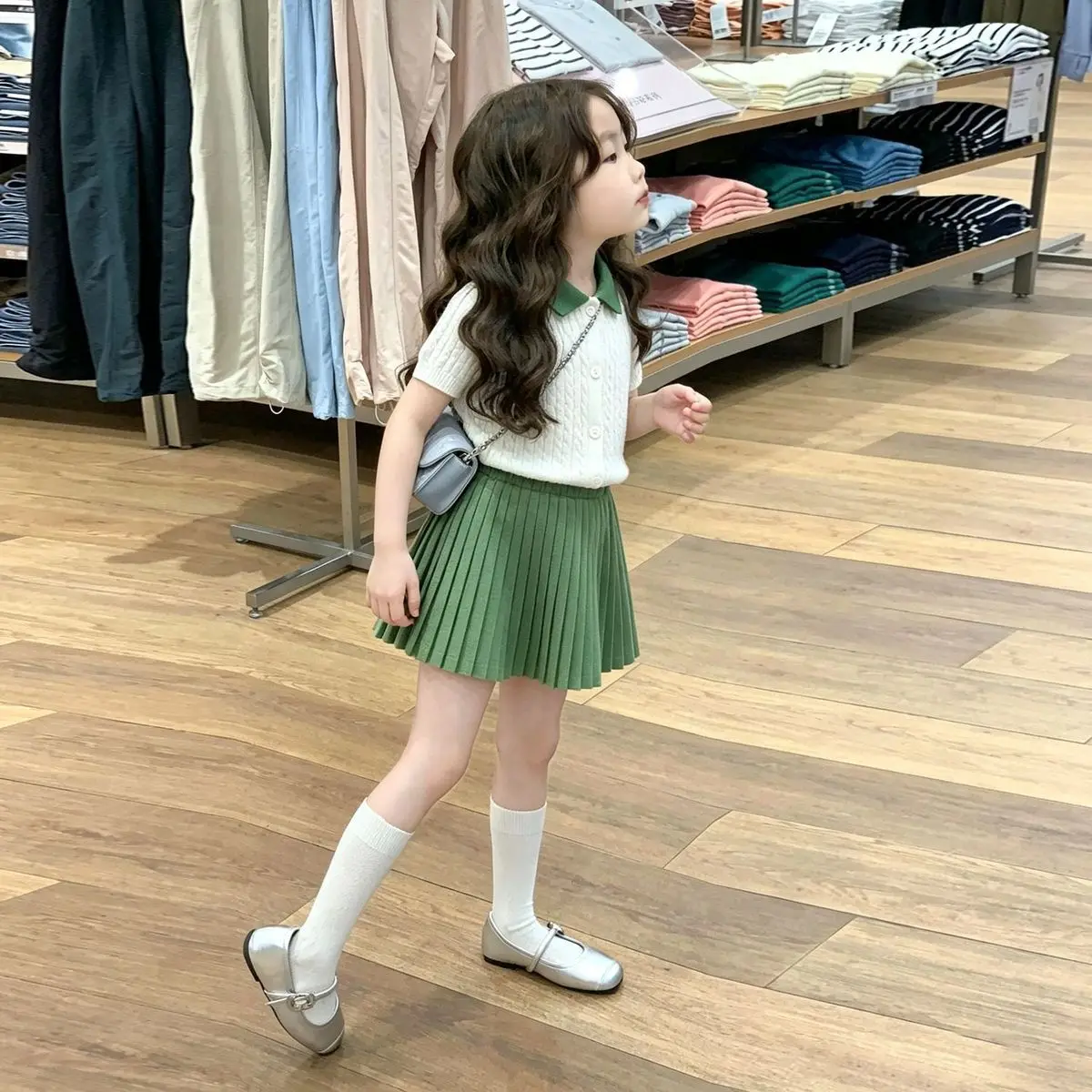 Girls Summer Outfit Fashionable Children's Turn-down Collar Knitted Twisted Short Sleeve Top plus Pleated Skirt 2-Piece Set