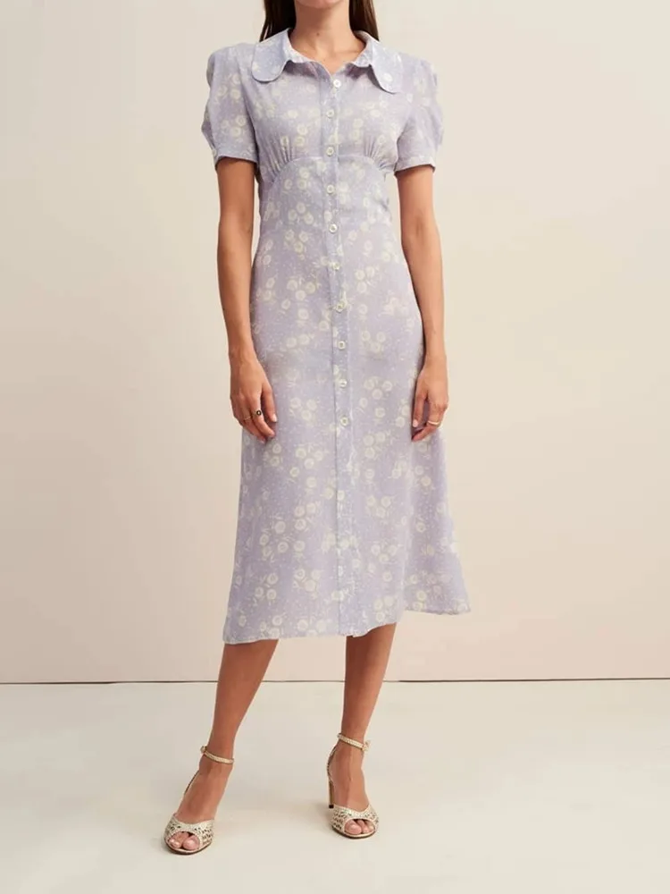 

Summer 2024 New Women's Single Breasted Dress Peter Pan Collar Dandelion Printed Short Sleeve Female Fresh Midi Robe