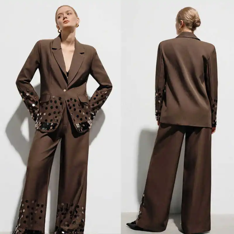 Shiny Women Suits 2 Pieces Blazer Pants Single Breasted Notch Lapel Sequins Lady Formal Business Occasion Wear Customized