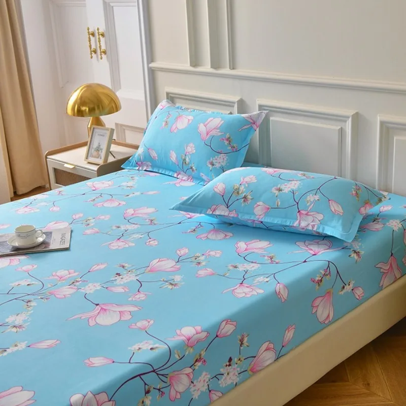 3PC Floral Fitted Sheet Set, Blue Pink Magnolia Printed Bedding Set with Pillowcases, Soft Microfiber Bed Sheet for Bedroom