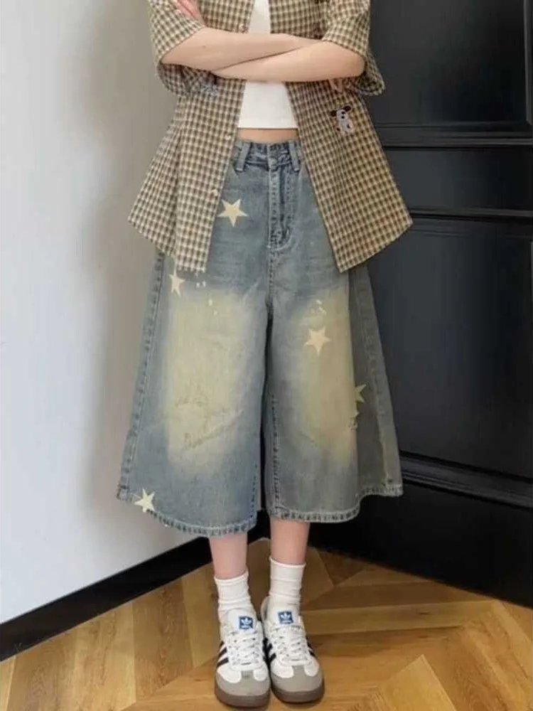 

Retro Washed High Waist Wide Leg Jeans Women's Casual Style Seven-Foot Denim Pants Star Design Spring Season Standard Fit