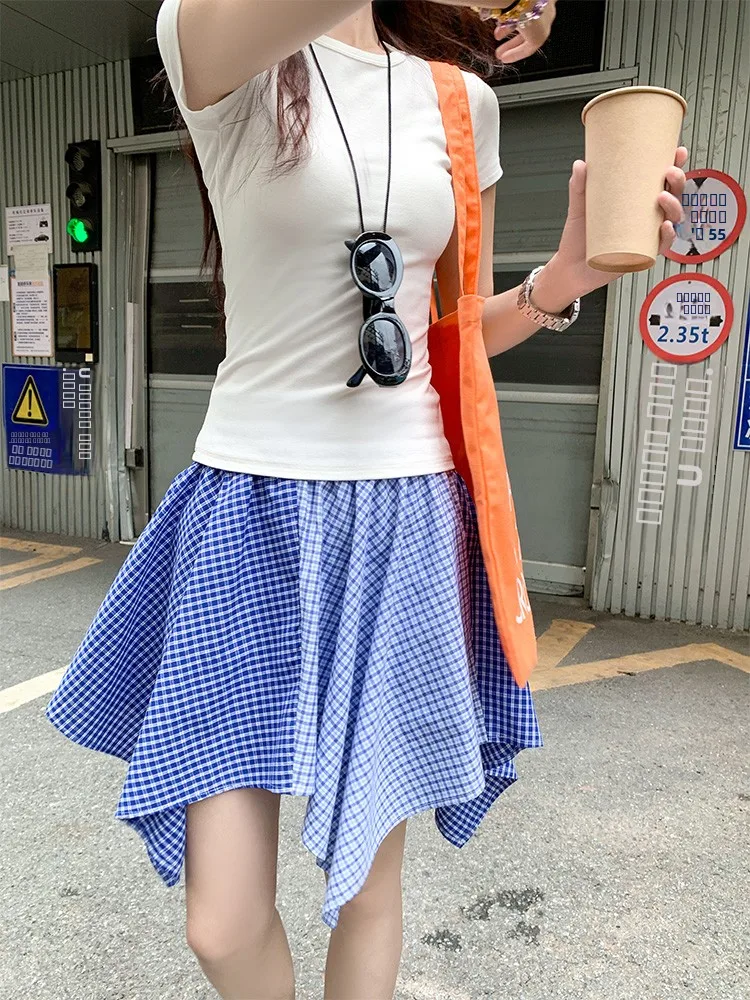 

High Waist A-Line Skirt Blue Asymmetrical Korean Sle Commute f Body Skirts for Women Summer Spicy ort Skirt