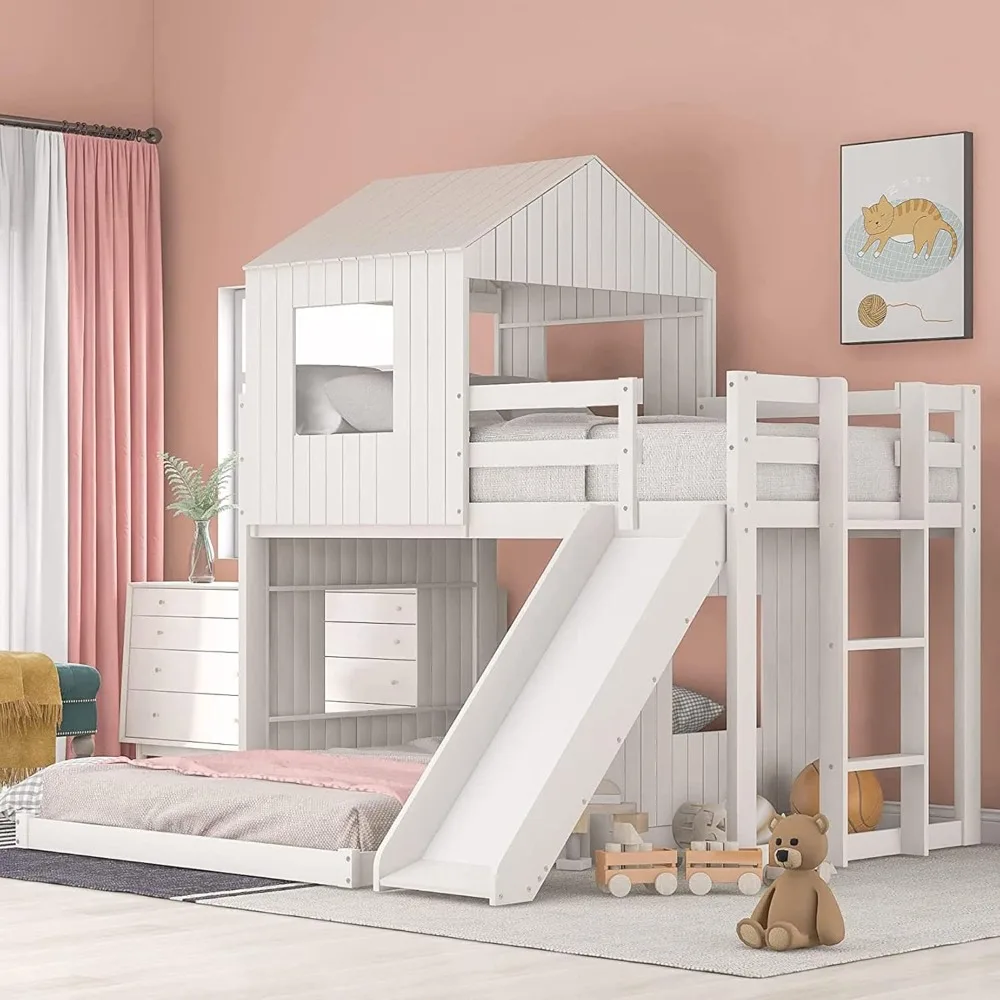 

Harper & Bright Designs Twin Over Full House Bunk Bed with Slide and Roof, Wood House Bunk Bed with Ladder and Guardrails