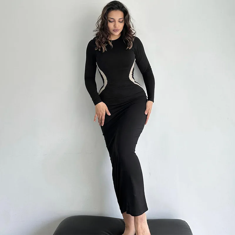 2024 Autumn And Winter New Product Fashion Color blocked Slimming Round Neck Long Sleeve Finger Wrap Hip Dress