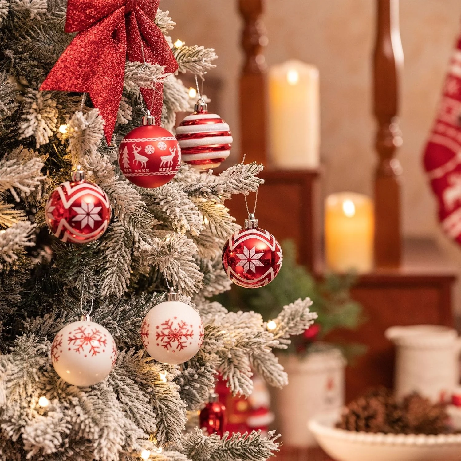 24Pcs Christmas Ball Ornaments,Red and White Christmas Ornaments for Tree Pre Strung Plastic Xmas Tree Decorations view 2