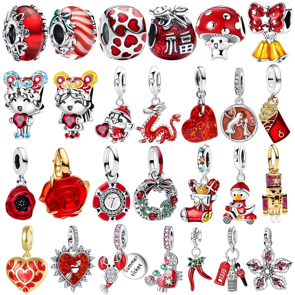 Neue 925er-Sterlingsilber-Perlen mit rotem Weihnachts- und Neujahrs-Tier-Liebes-Blumen-Anhänger, passend für Original-Armbänder, Halsketten, Schmuck, Geschenke