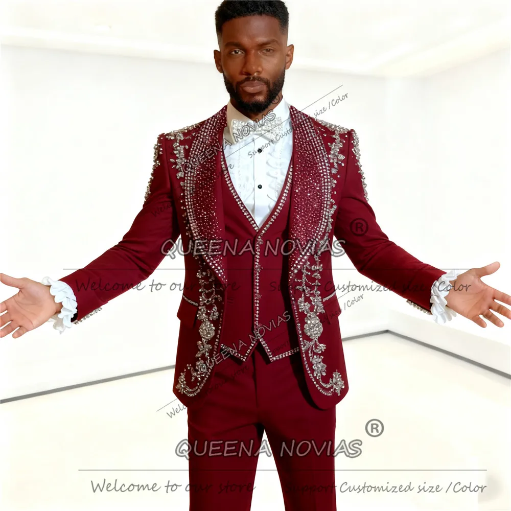 

Сверкающий мужской костюм с кристаллами и бисером, приталенный комплект из 3 предметов, костюм Homme, пиджаки для жениха, свадебные смокинги по индивидуальному заказу, мужские наряды 2026